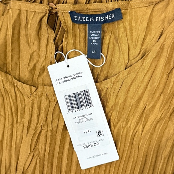 Eileen Fisher Large Bronze Crushed Silk Cap Sleeve Tiered Midi Dress NWT $388 - Picture 13 of 15